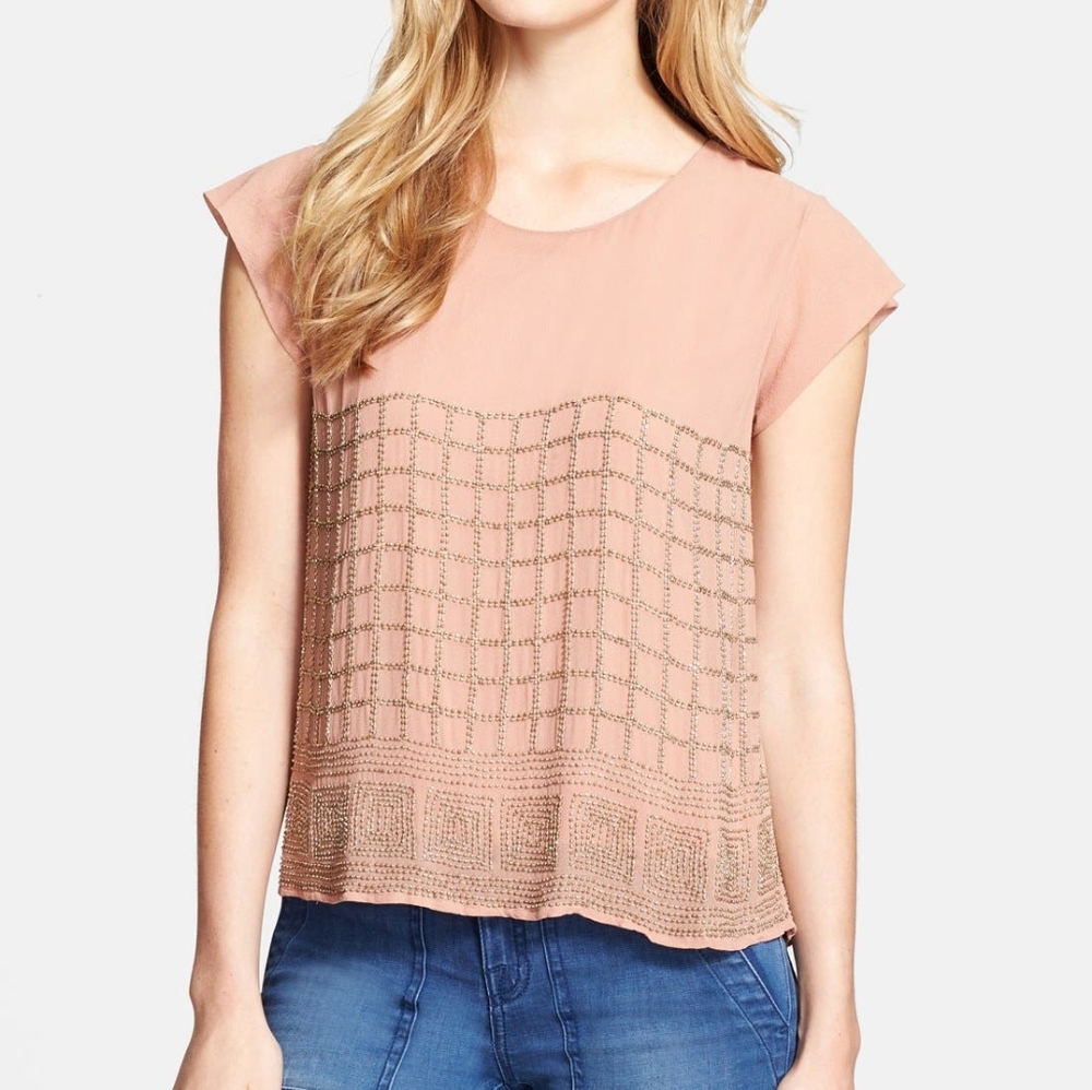 Joie Alvina Blush Beaded Silk Top- EUC, Size Small